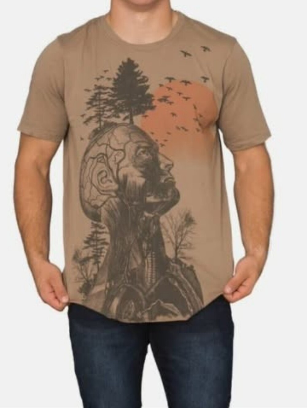 Vintage Junk Food Clothing Gray Tee with Anatomical Head & Orange Sun Graphic